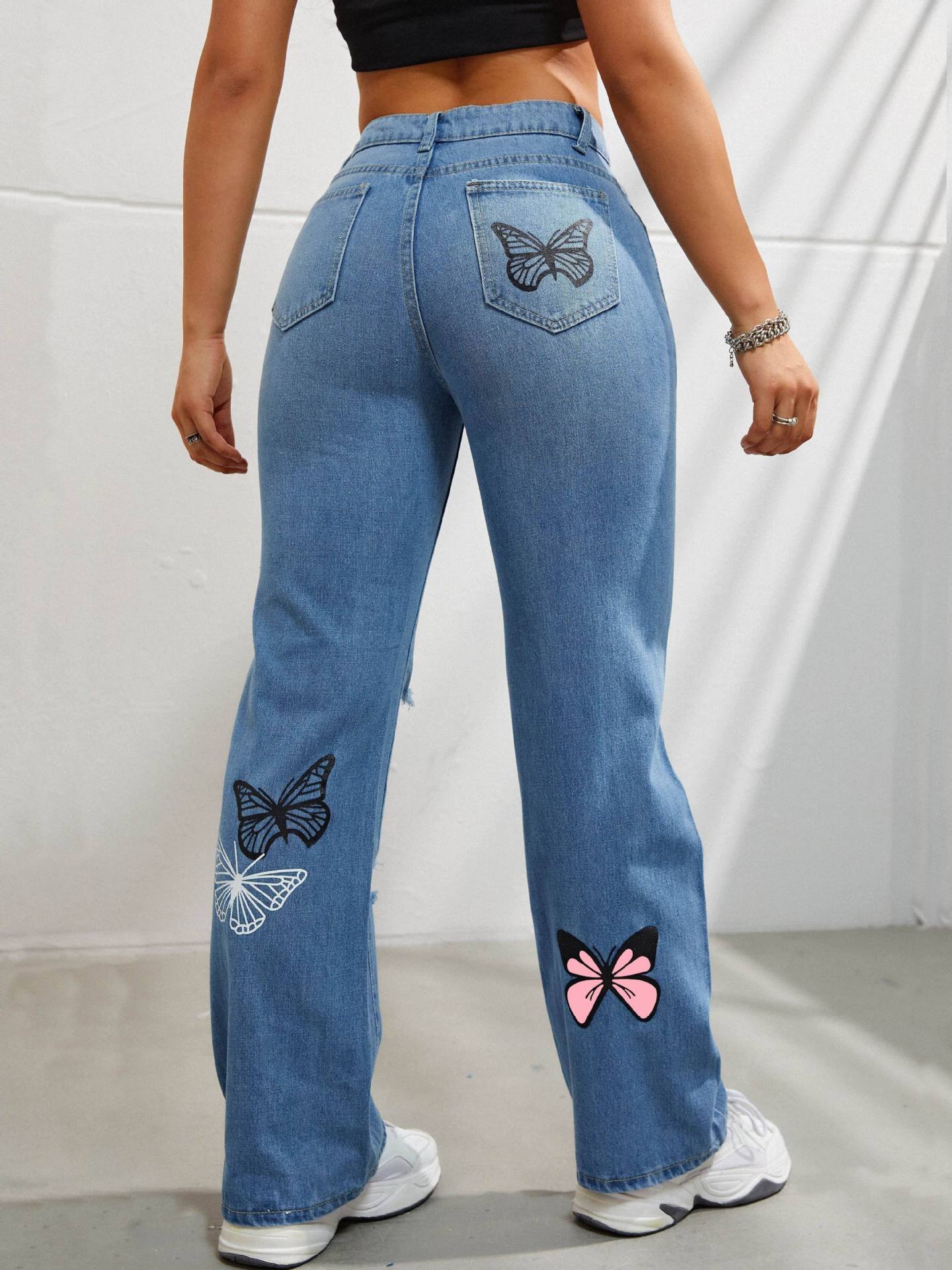 Pantalones vaqueros de pierna recta y cintura alta para mujer, modernos pantalones vaqueros desgastados y rotos con estampado de mariposas