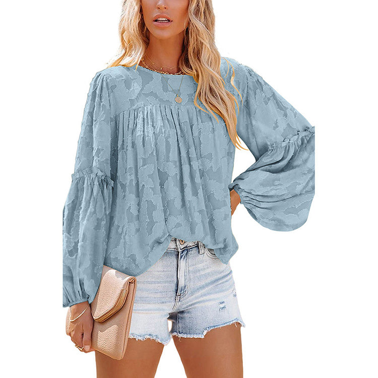 Loose Puff Sleeve Solid Color Round Neck Pullover Long Sleeve Top