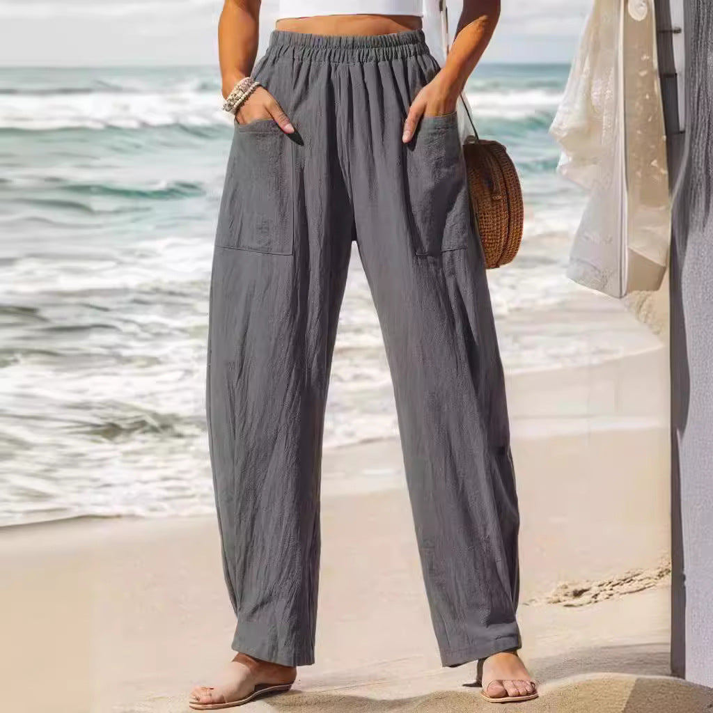 Pantalones casuales de algodón y lino para mujer, estilo vacaciones