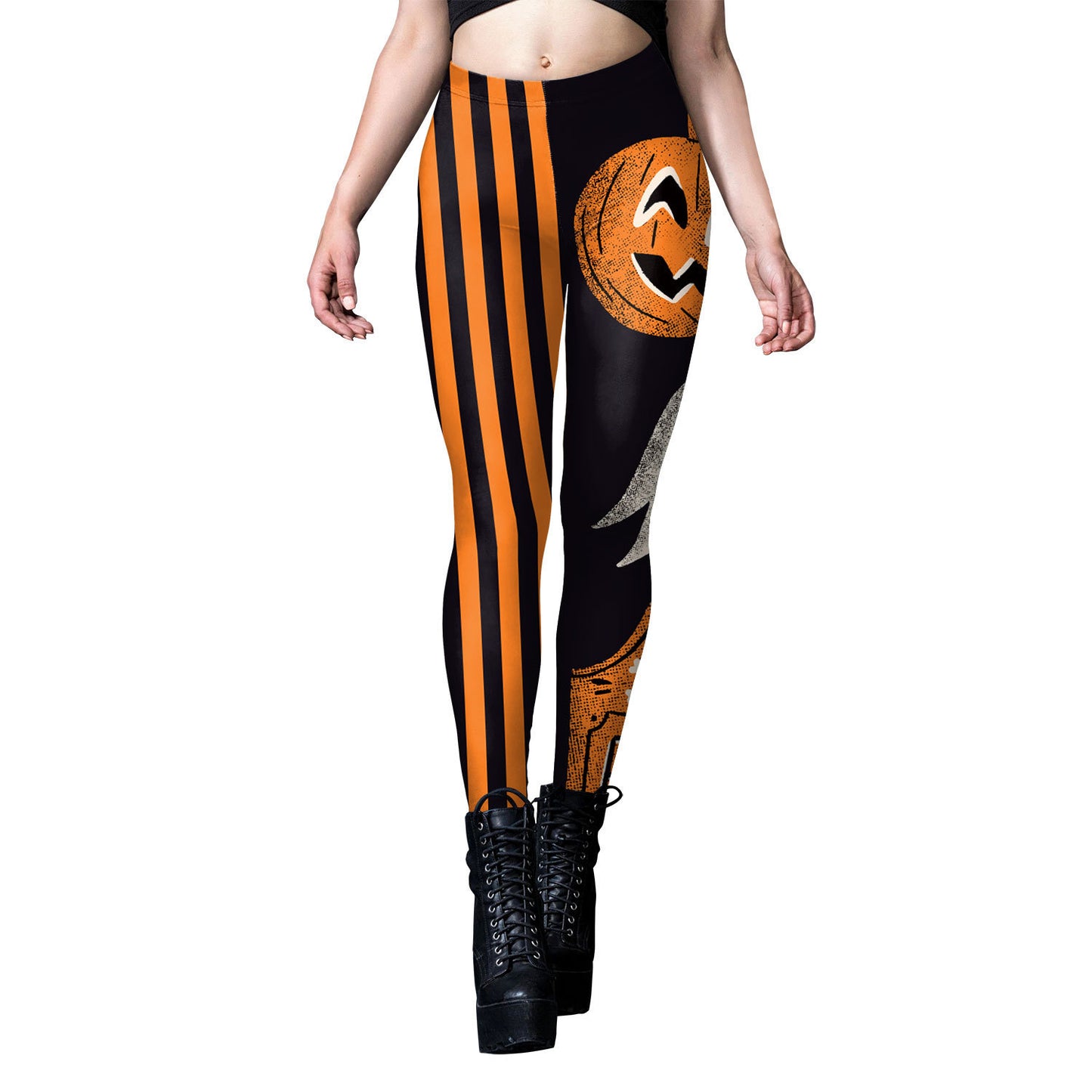 Leggings ajustados a rayas con estampado digital de cabeza de calabaza de Halloween para mujer