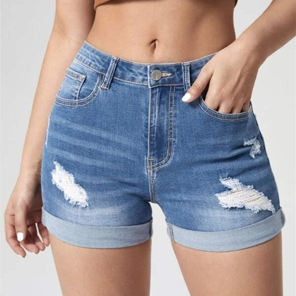 Damenmode Löcher Curling Hohe elastische Jeansshorts mit hoher Taille