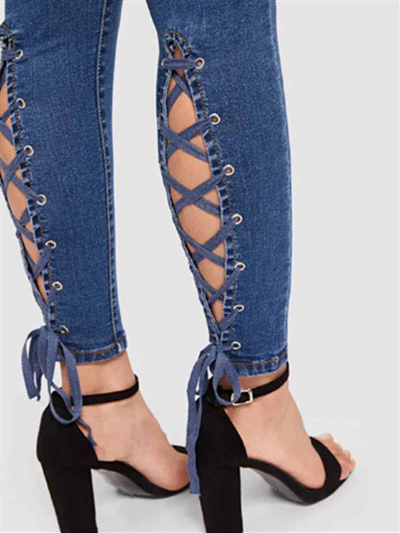 hot style high waist strapping corns elastic denim pencil pants women