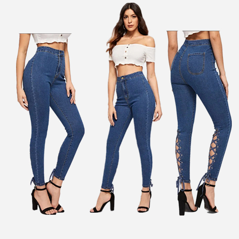 hot style high waist strapping corns elastic denim pencil pants women