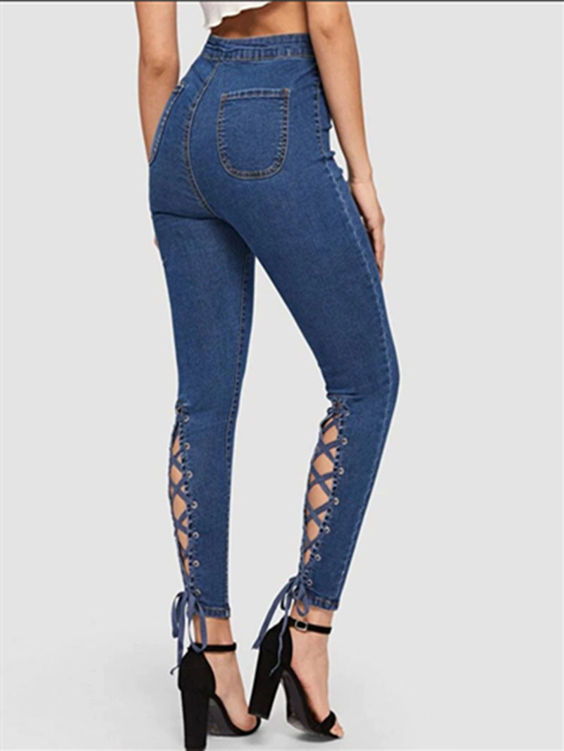 Heißer stil hohe taille umreifung hühneraugen elastische denim bleistift hosen 