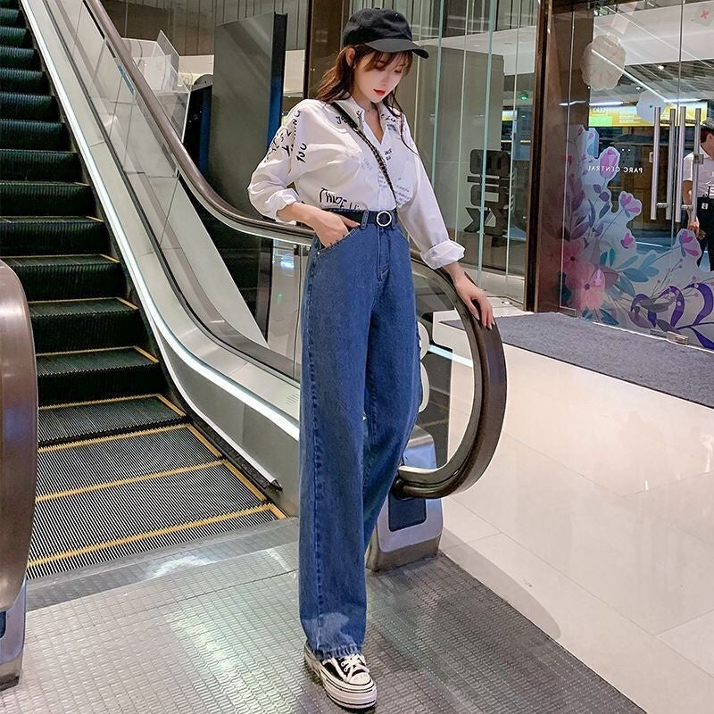 Pantalones vaqueros de pierna ancha para mujer, cintura alta, adelgazantes, drapeados, nuevos, de otoño, azul oscuro, que contraen el vientre, pantalones altos, sueltos y rectos