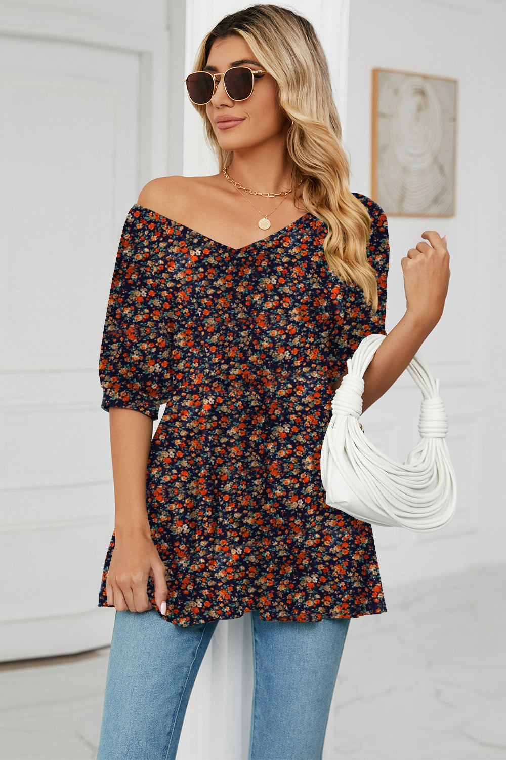 Floral V-Neck Babydoll Blouse