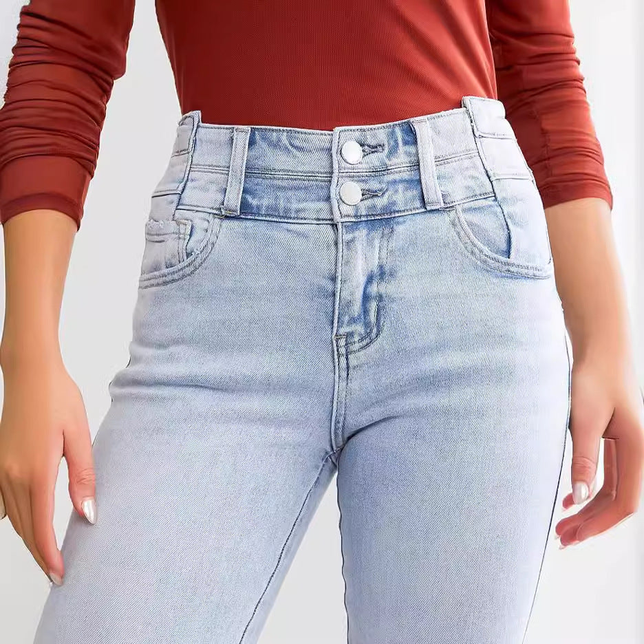 Pantalones vaqueros elásticos con botones y cintura alta para mujer