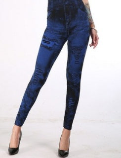 Seamless Fake Ripped Corset Imitation Denim Leggings Women'S Outer Wear High-Waist Printed Pants