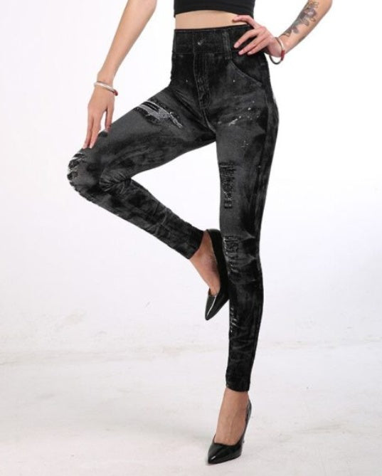 Nahtlose Leggings aus gefälschtem, zerrissenem Korsett und Denim-Imitat, Oberbekleidung für Damen, hoch taillierte, bedruckte Hose