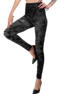 Seamless Fake Ripped Corset Imitation Denim Leggings Women'S Outer Wear High-Waist Printed Pants