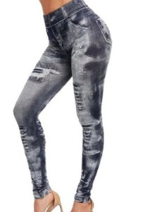 Seamless Fake Ripped Corset Imitation Denim Leggings Women'S Outer Wear High-Waist Printed Pants