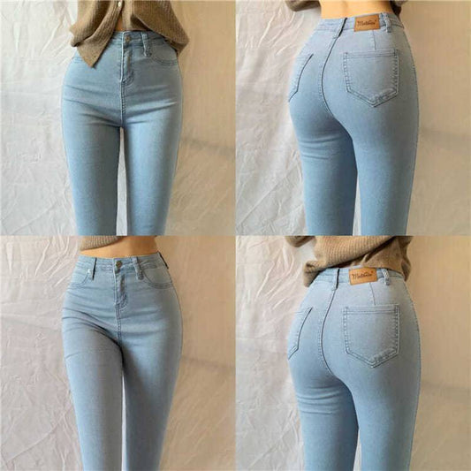 Große Größe High Waist Peach Hip Stretch Hellblaue Jeanshose