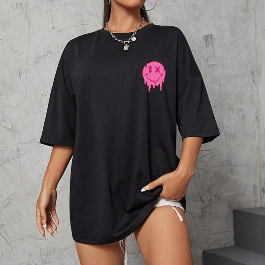 Rosa Emoji Zeichnung Trendy Wear Lose Damen Kurzarm