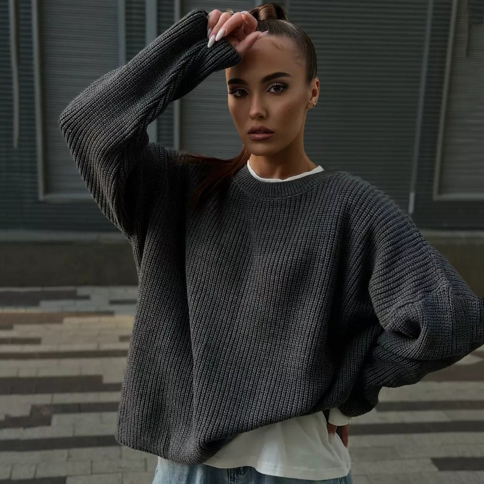 Solid color round neck sweater European and American spring and autumn loose knit sweater Ins pullover sweater for women