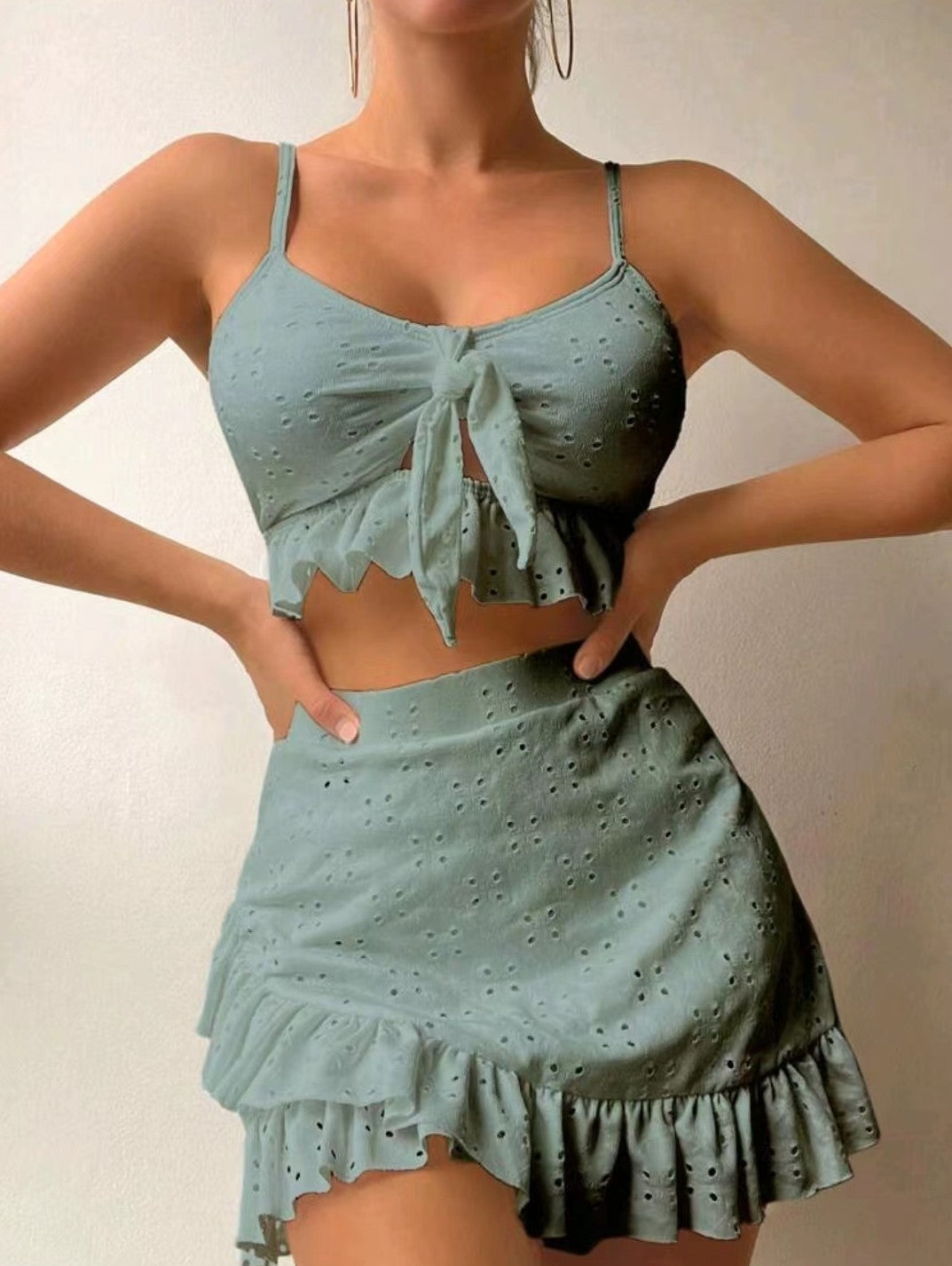 Conjunto de traje de baño de 3 piezas con falda ajustada a la cadera, diseño de volantes, ropa de verano para mujer