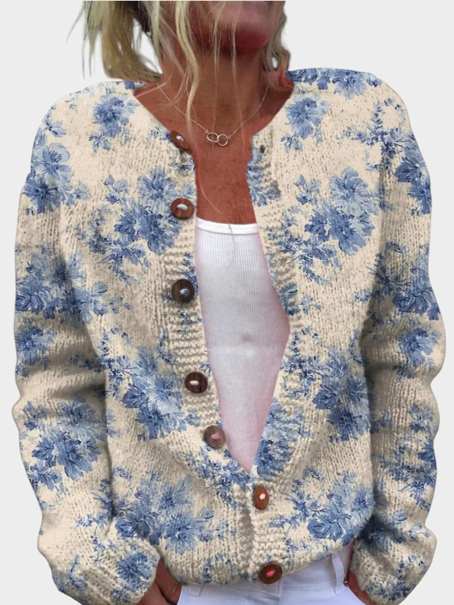 Women's Lovely Floral Art Print Buttoned Cardigan Sweater