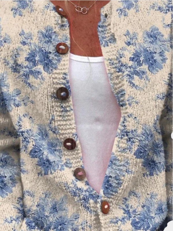 Women's Lovely Floral Art Print Buttoned Cardigan Sweater