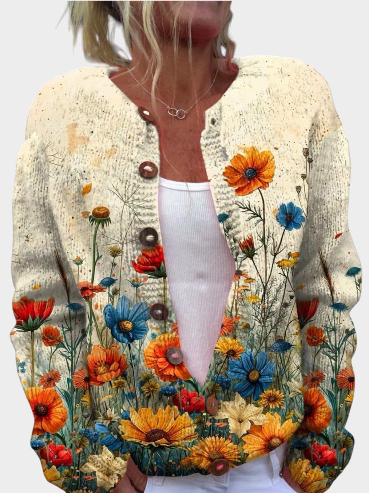 Vintage Flower Art Print Buttoned Cardigan Sweater