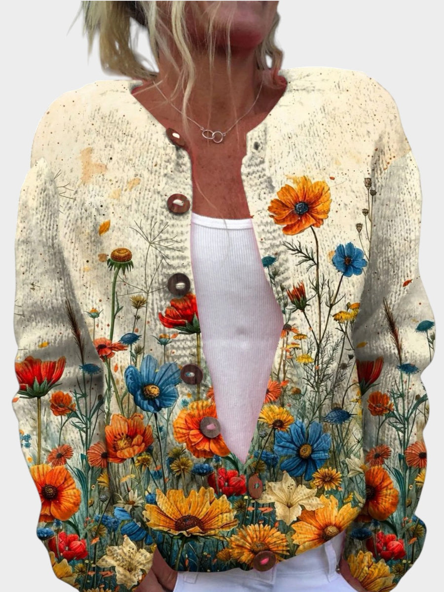 Vintage Flower Art Print Buttoned Cardigan Sweater