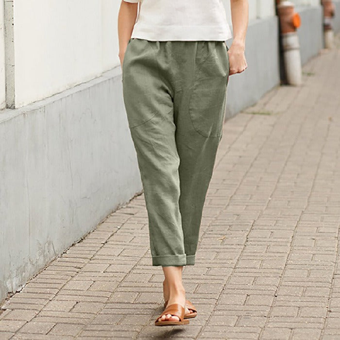 Linen cotton loose straight leg cropped pants