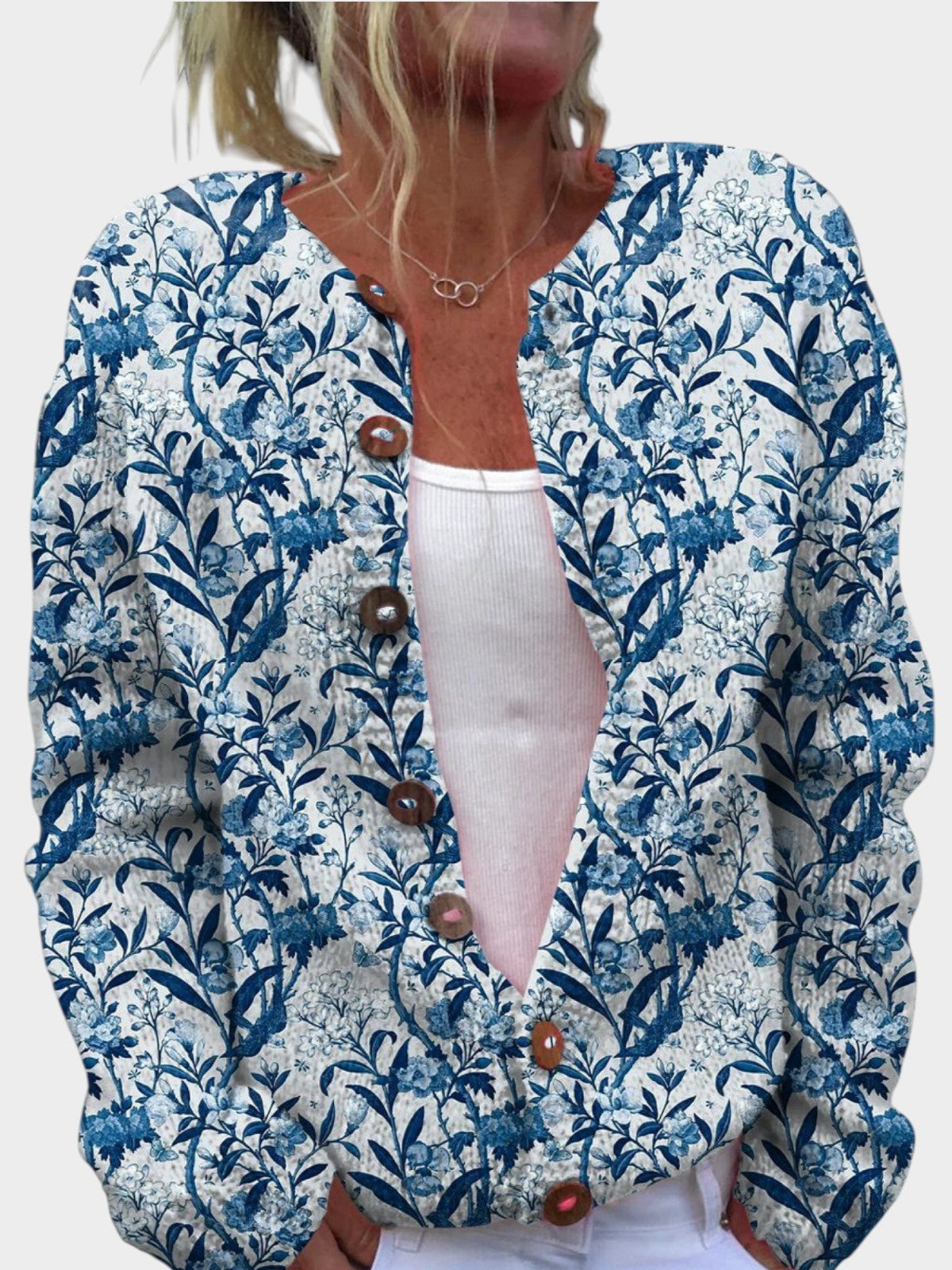 Elegant Blue And White Floral Pattern Print Buttoned Cardigan Sweater
