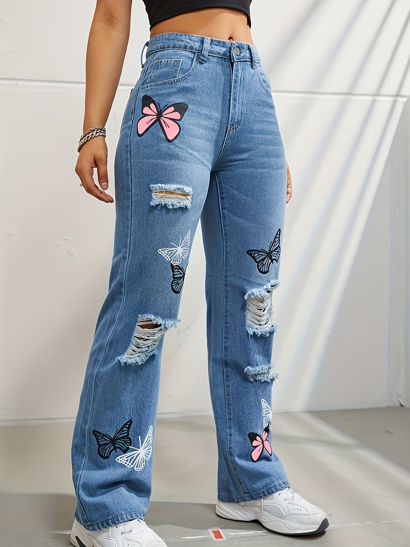 Pantalones vaqueros de pierna recta y cintura alta para mujer, modernos pantalones vaqueros desgastados y rotos con estampado de mariposas