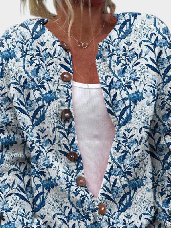Elegant Blue And White Floral Pattern Print Buttoned Cardigan Sweater