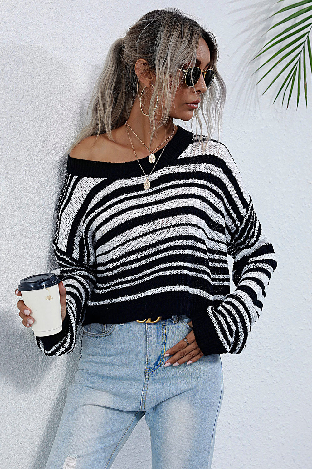 Perfee Striped Round Neck Dropped Shoulder Sweater