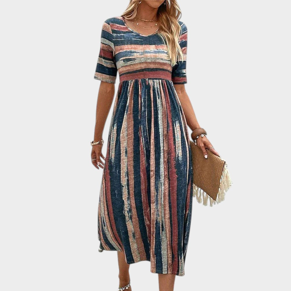 HOLLY | ELEGANT STRIPED TUMMY-COVERAGE MIDI DRESS