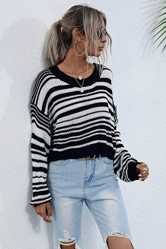 Perfee Striped Round Neck Dropped Shoulder Sweater