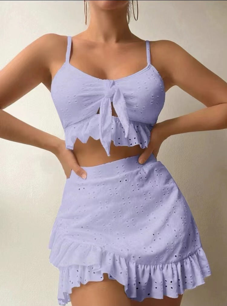 Conjunto de traje de baño de 3 piezas con falda ajustada a la cadera, diseño de volantes, ropa de verano para mujer