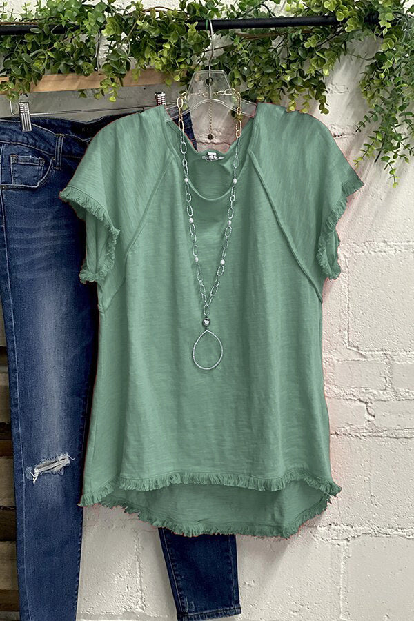 Solid Color Cotton Tassel Design Short Sleeve Round Neck T-shirt