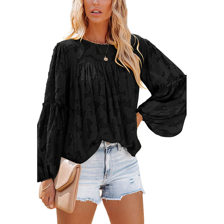 Loose Puff Sleeve Solid Color Round Neck Pullover Long Sleeve Top