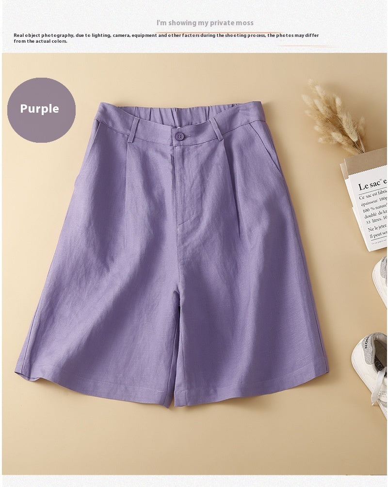 Pantalones cortos casuales de algodón y lino de cintura alta de verano para mujer