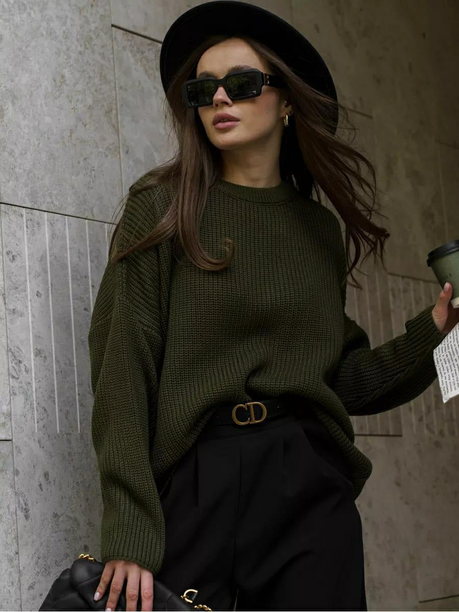 Solid color round neck sweater European and American spring and autumn loose knit sweater Ins pullover sweater for women