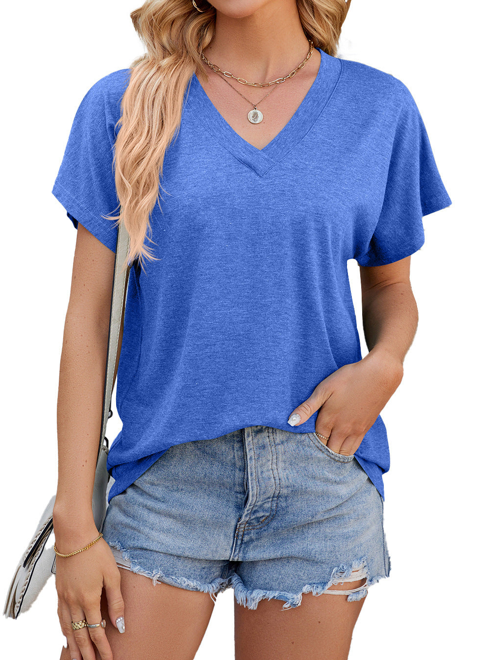 Camiseta holgada de manga corta con cuello en V para mujer de verano