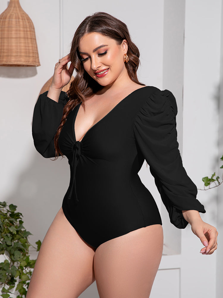 Plus Size Einteiliger Badeanzug mit tiefem V-Ausschnitt und Ballonärmeln