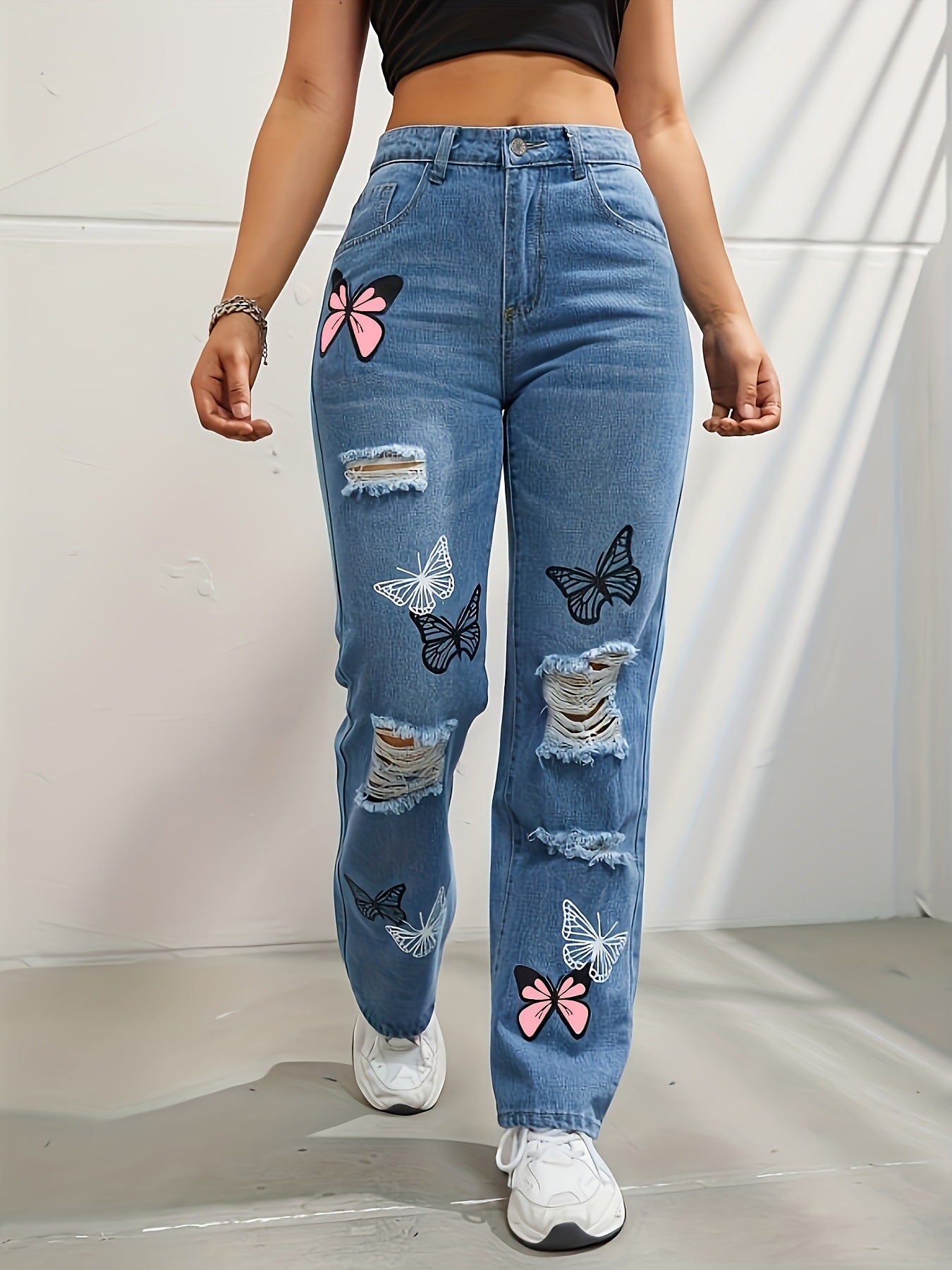 Pantalones vaqueros de pierna recta y cintura alta para mujer, modernos pantalones vaqueros desgastados y rotos con estampado de mariposas