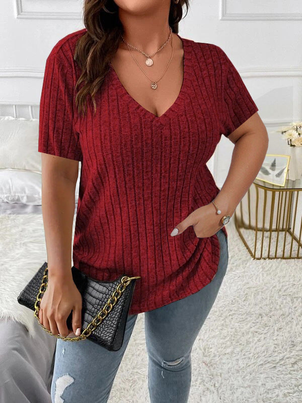 Solid Color Plus Size Women's Clothes Top V-neck Sunken Stripe Short Sleeve T-shirt