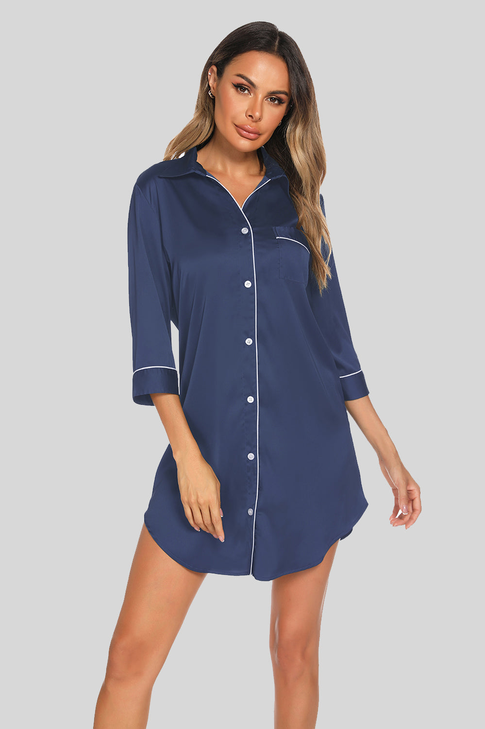 Button Up Collared Neck Night Dress with Pocket