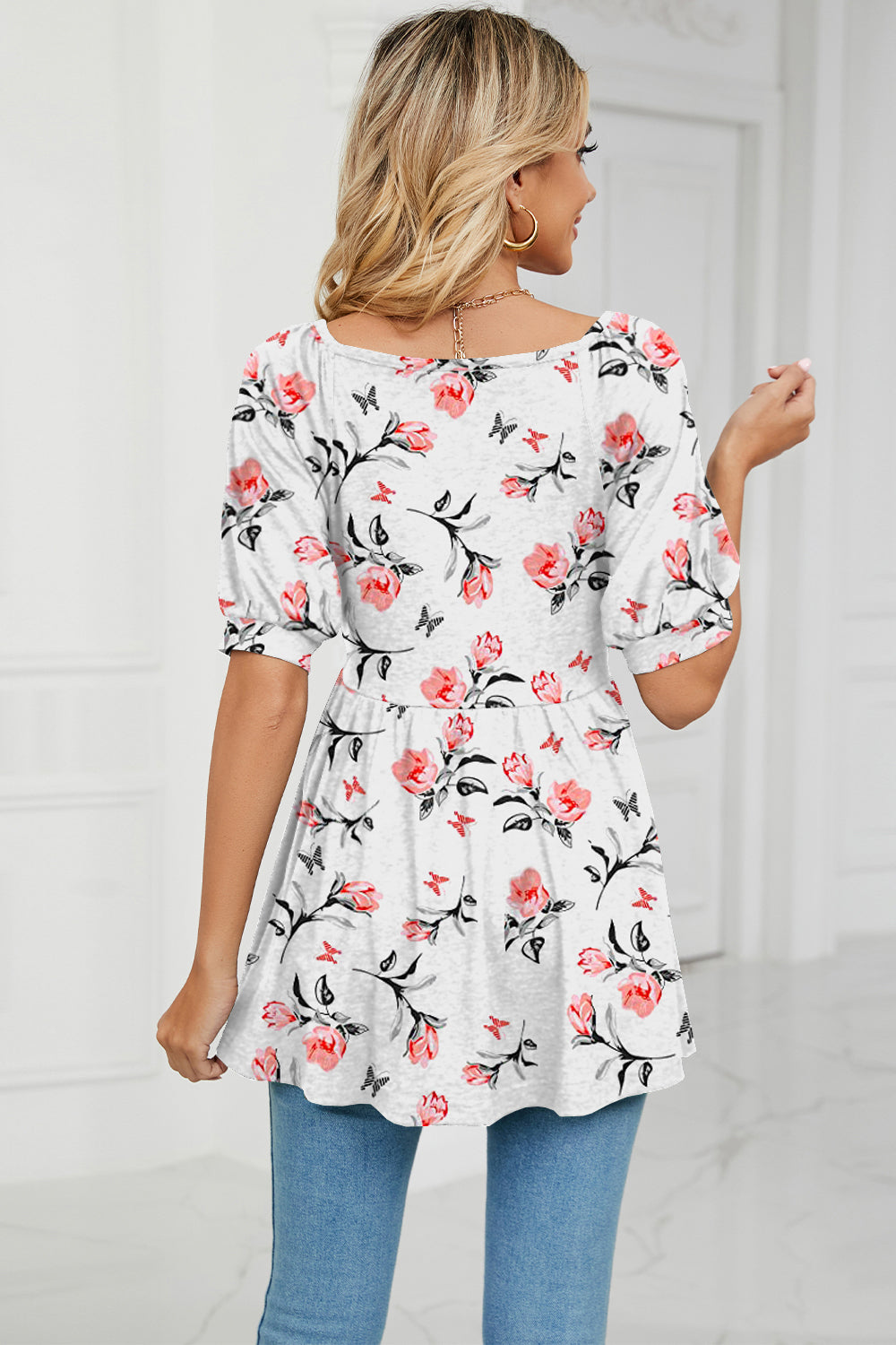 Floral V-Neck Babydoll Blouse