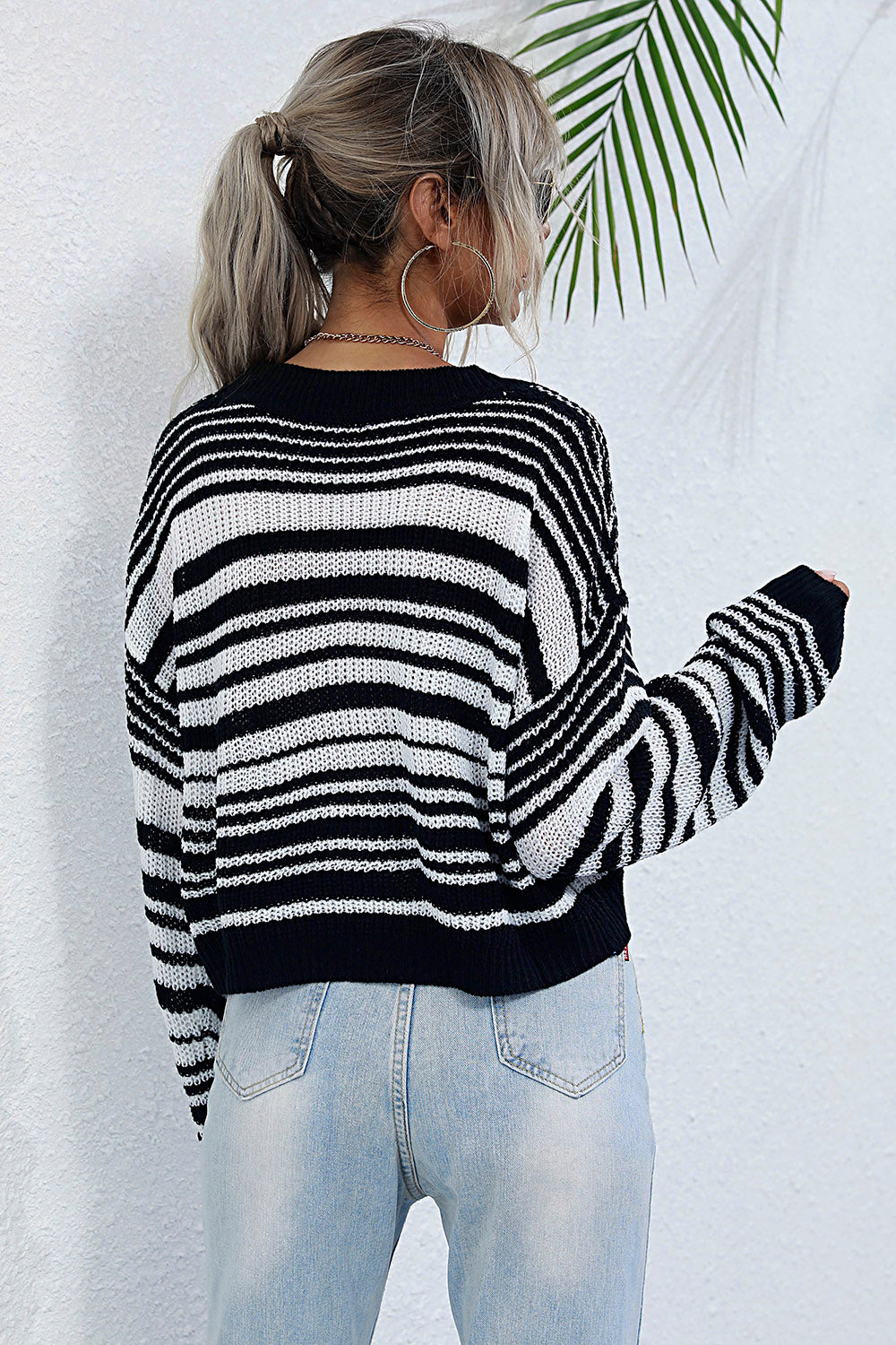 Perfee Striped Round Neck Dropped Shoulder Sweater