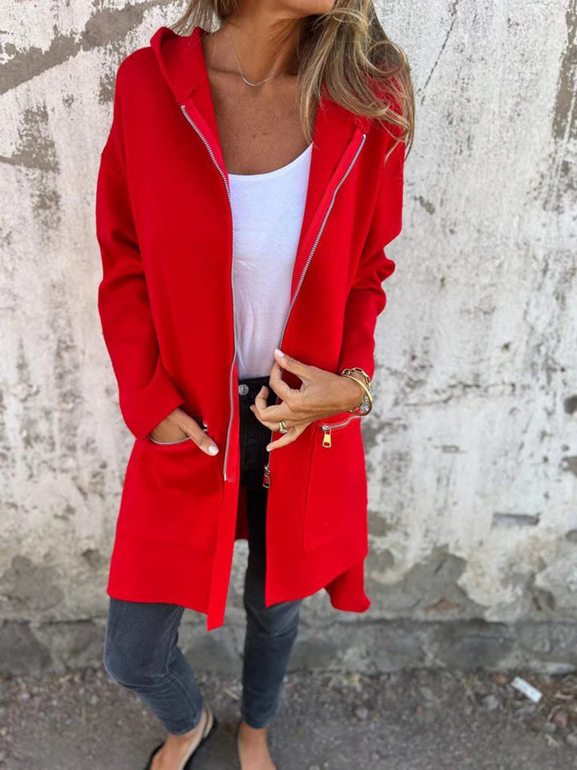 Full Size Zip Up Drop Shoulder Longline Hooded Jacket