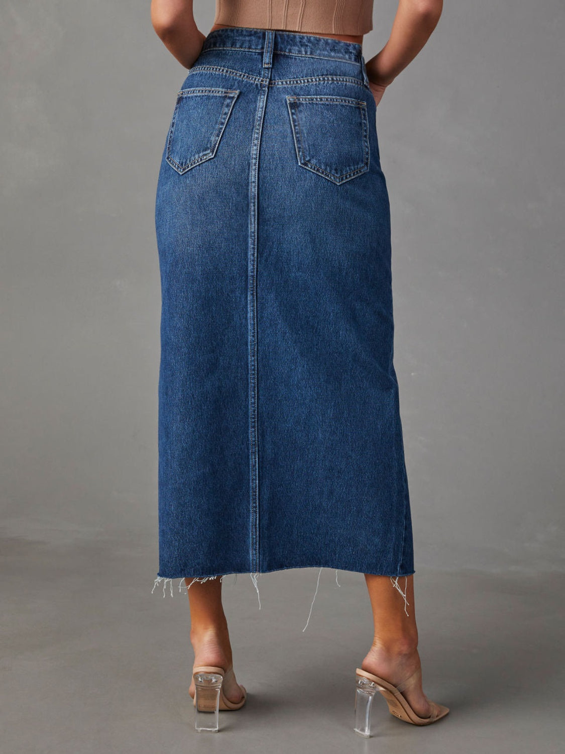 Slit Raw Hem Midi Denim Skirt