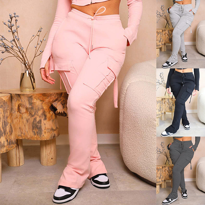 Cargohose mit Taschen, hohe Taille, Kordelzug, weites Bein, gerade Hose für Damen