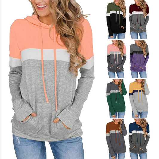 New Women's Printed Stitching Hooded Pocket Sweater Top