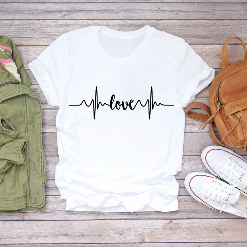 Watercolor Love Fashion Print Short-sleeved T-shirt Women's Trend