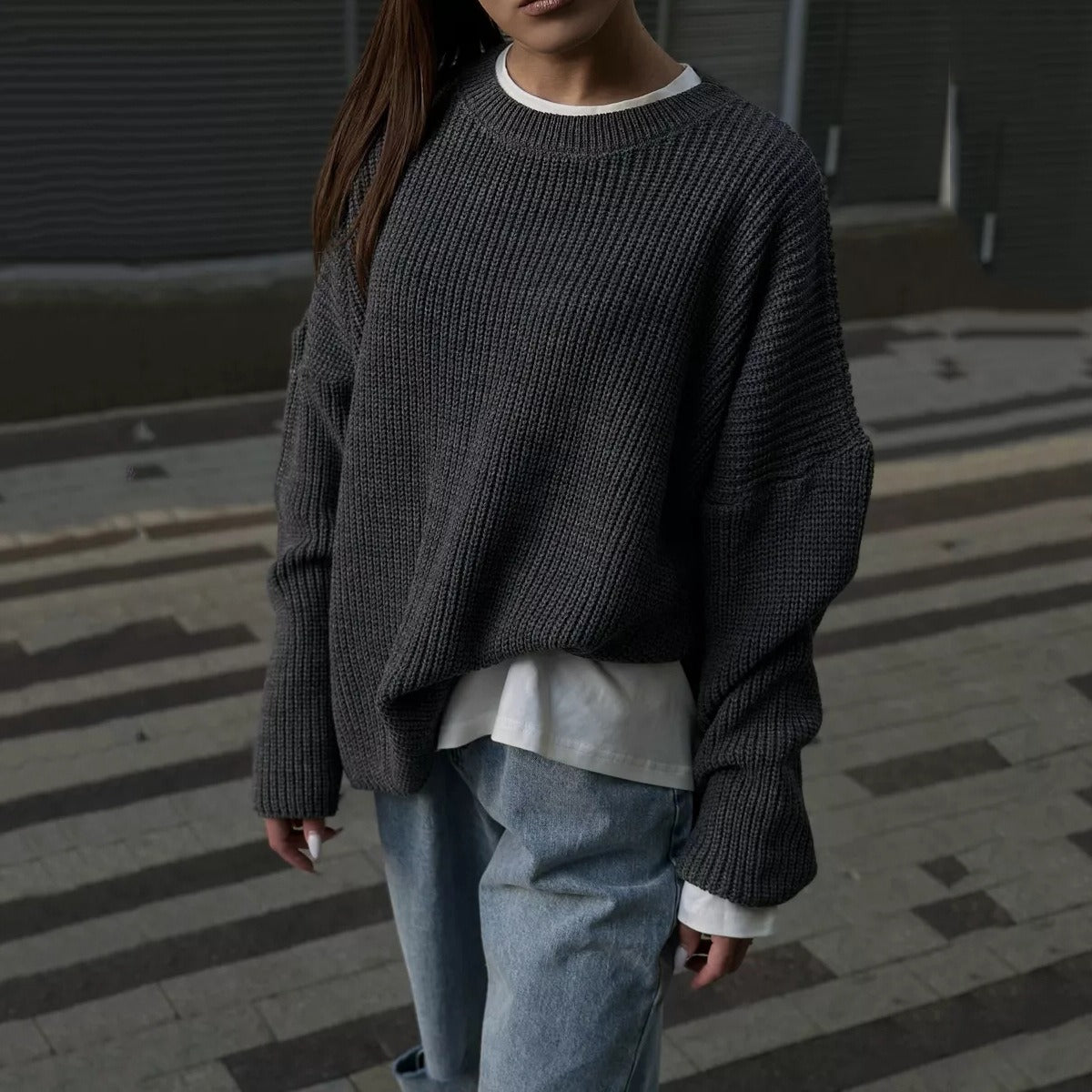 Solid color round neck sweater European and American spring and autumn loose knit sweater Ins pullover sweater for women