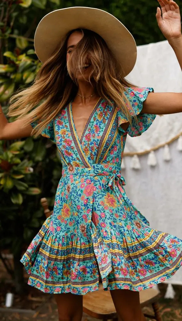 Vestido elegante de verano para mujer con tirantes finos y estampado floral y mangas JH