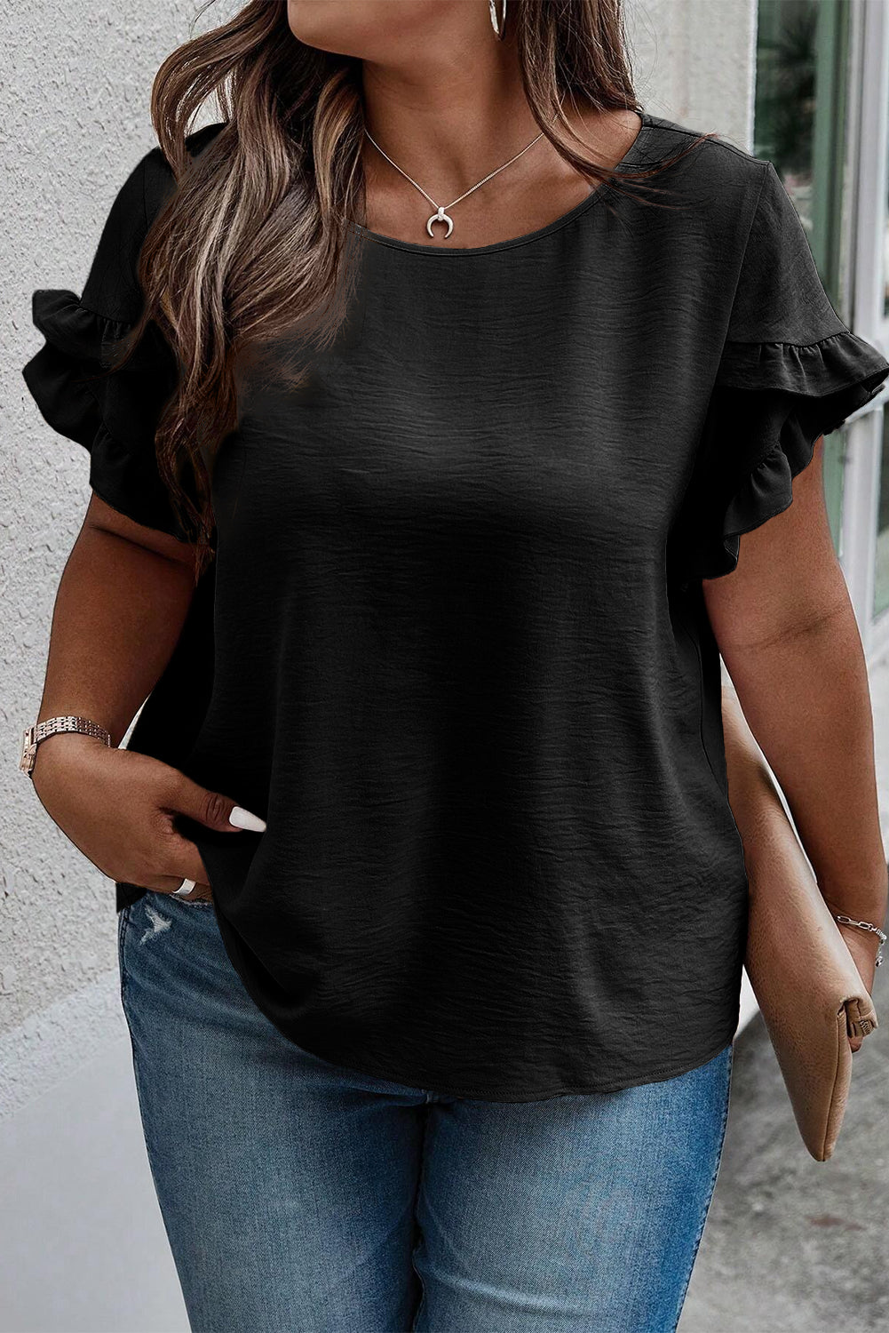 Blusa de manga corta con cuello redondo y volantes de talla grande